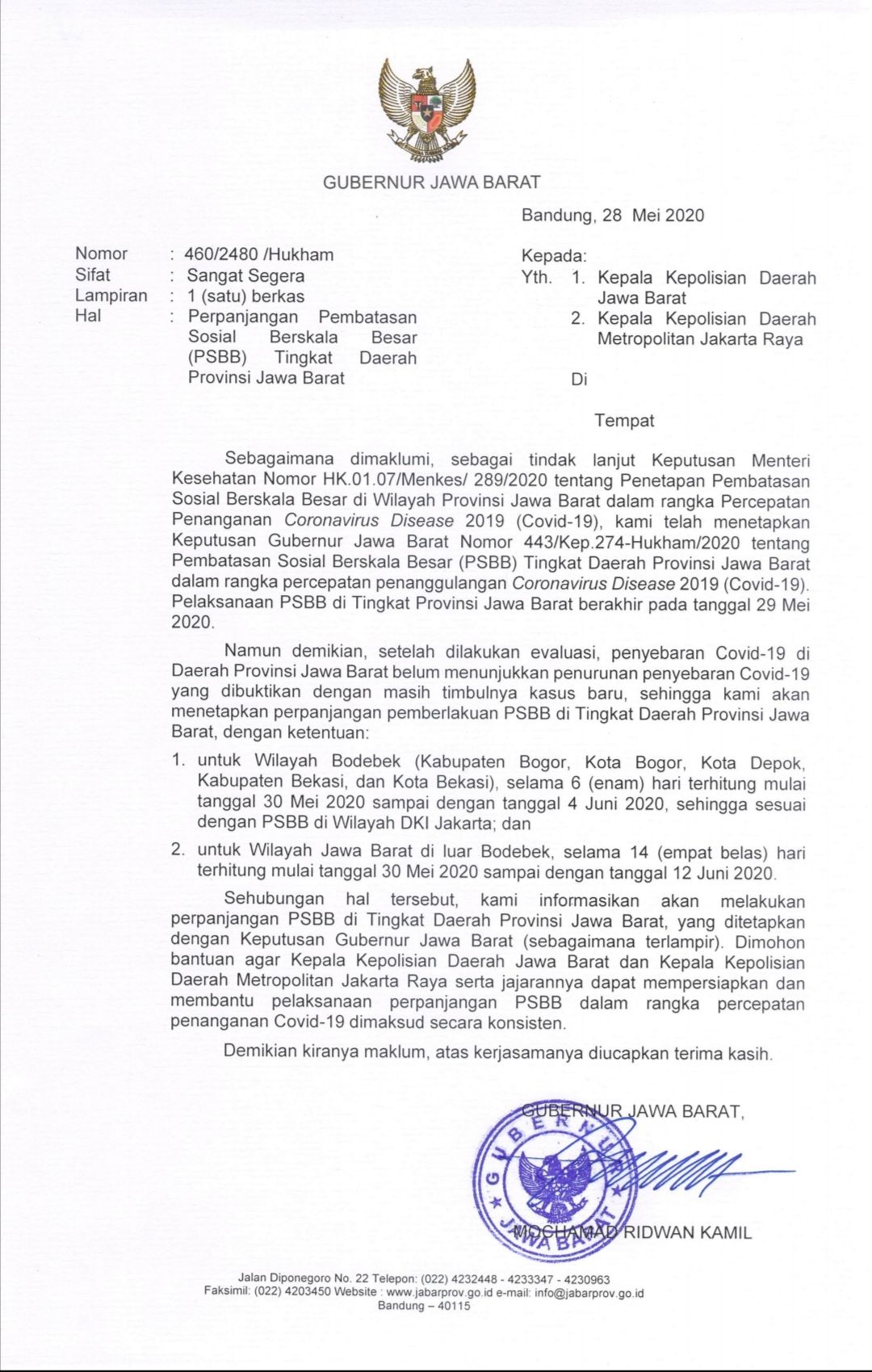 Surat putusan Gubernur terkait perpanjang PSBB Bandung